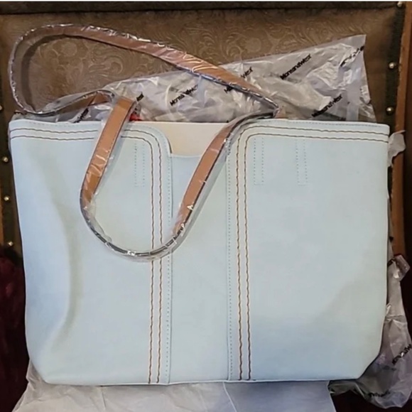 NWT Montana West Tote Bag Top Handle Oversized Handbag Light Blue Brown Piping - Picture 2 of 14